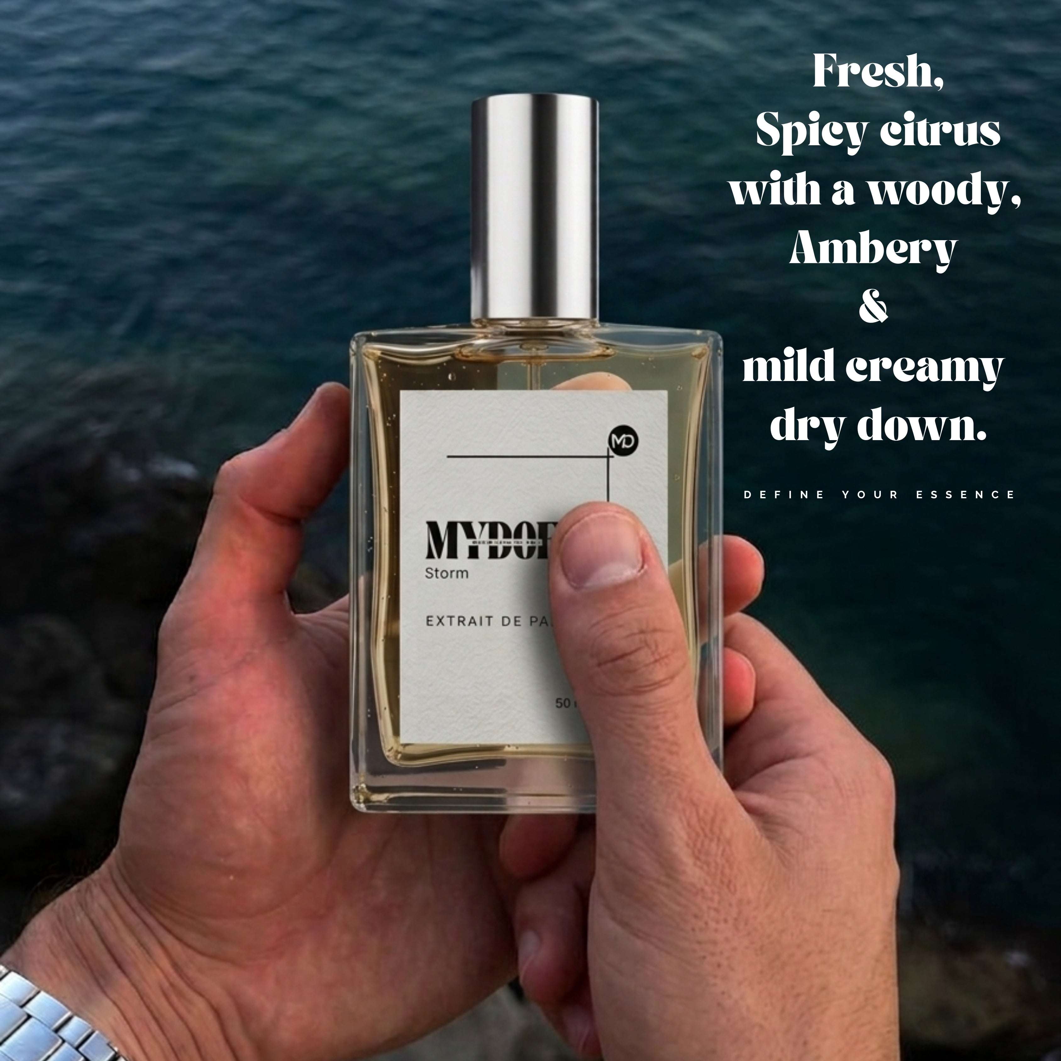 MYDOFT STORM PERFUME BOTTLE IN THE HANDS OF A MAN