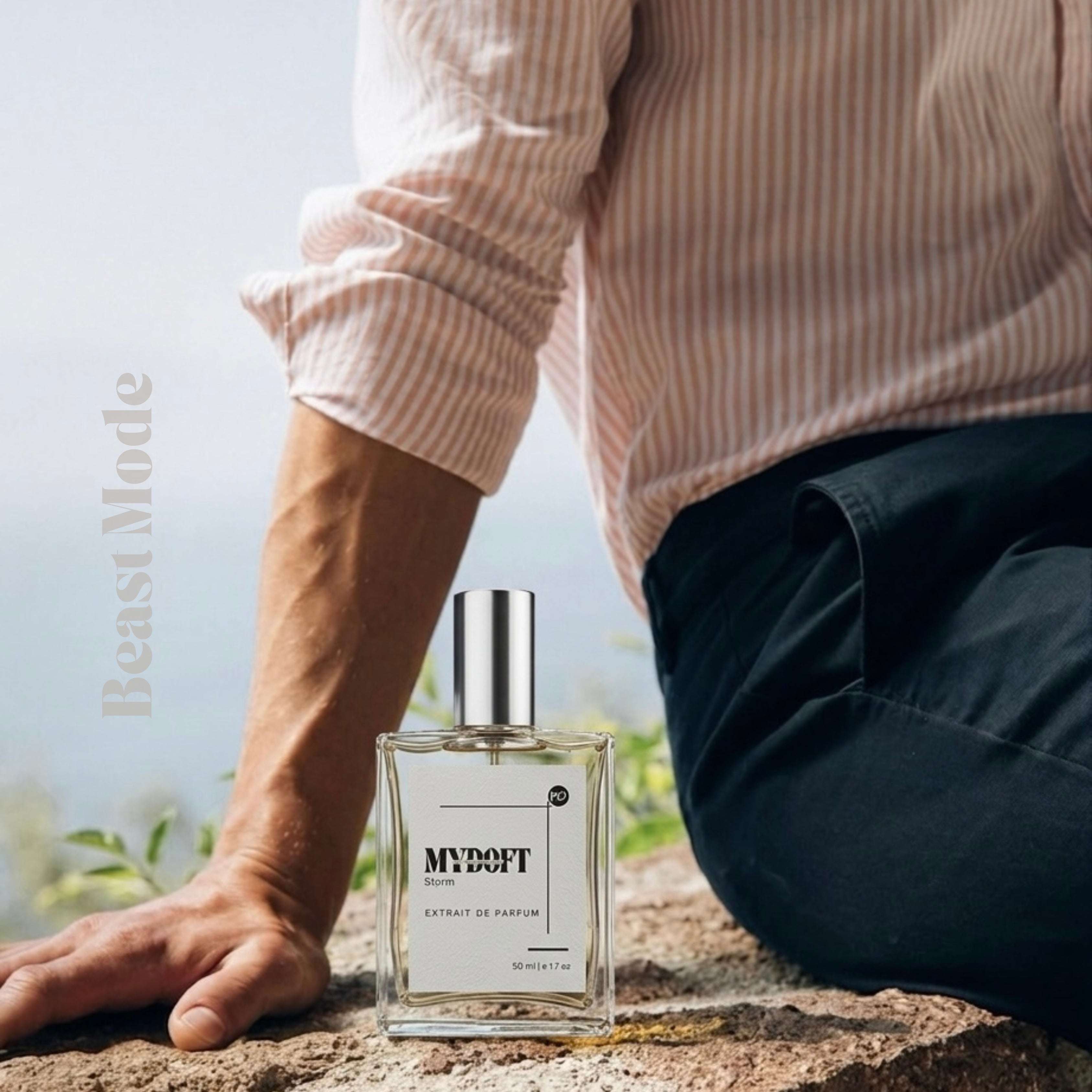 MYDOFT STORM PERFUME BOTTLE NEXT TO A MAN SITTING