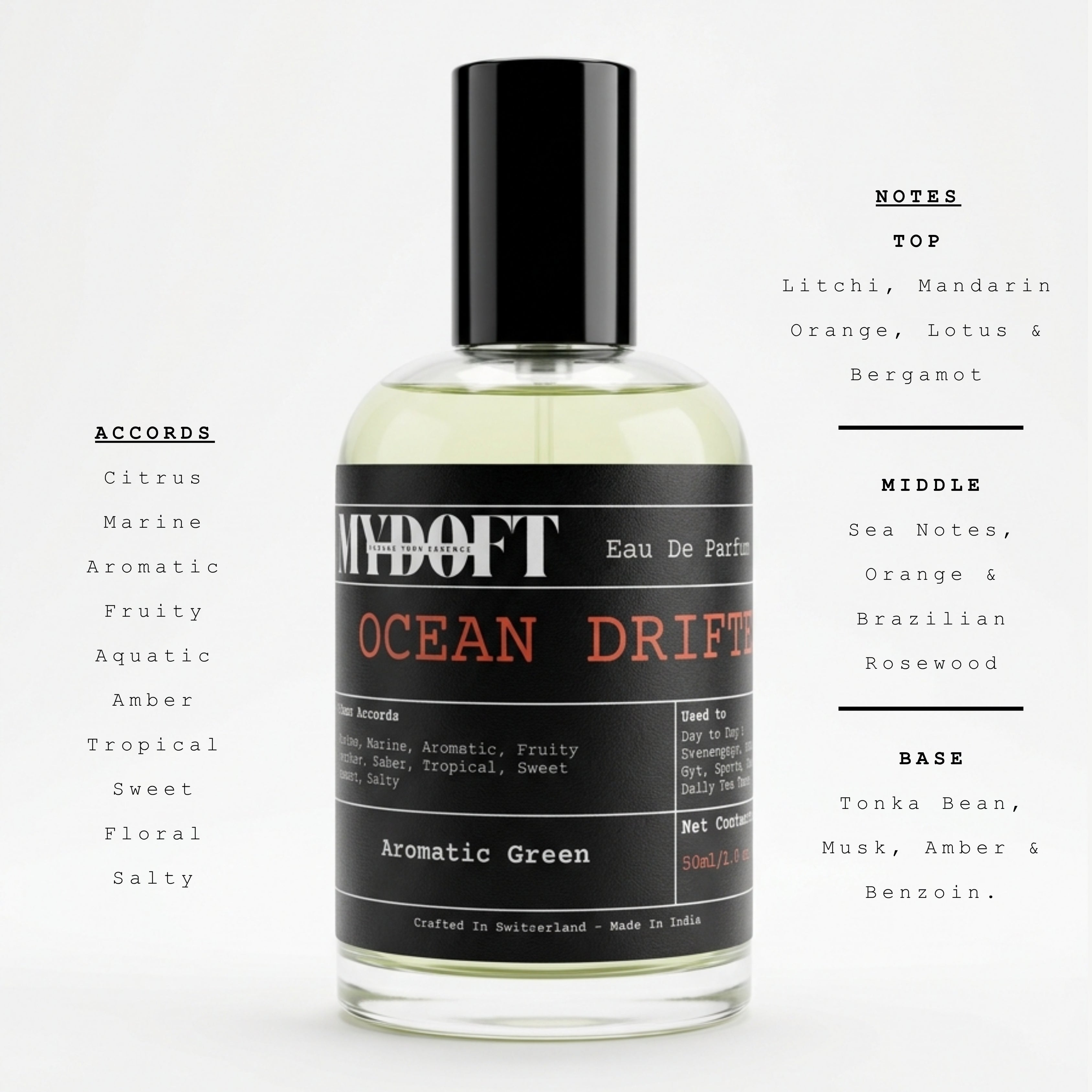 MYDOFT Ocean Drift | Eau De Parfum | Aromatic Green Citrus Marine Aquatic Perfume with Fruity & Amber Notes | Men