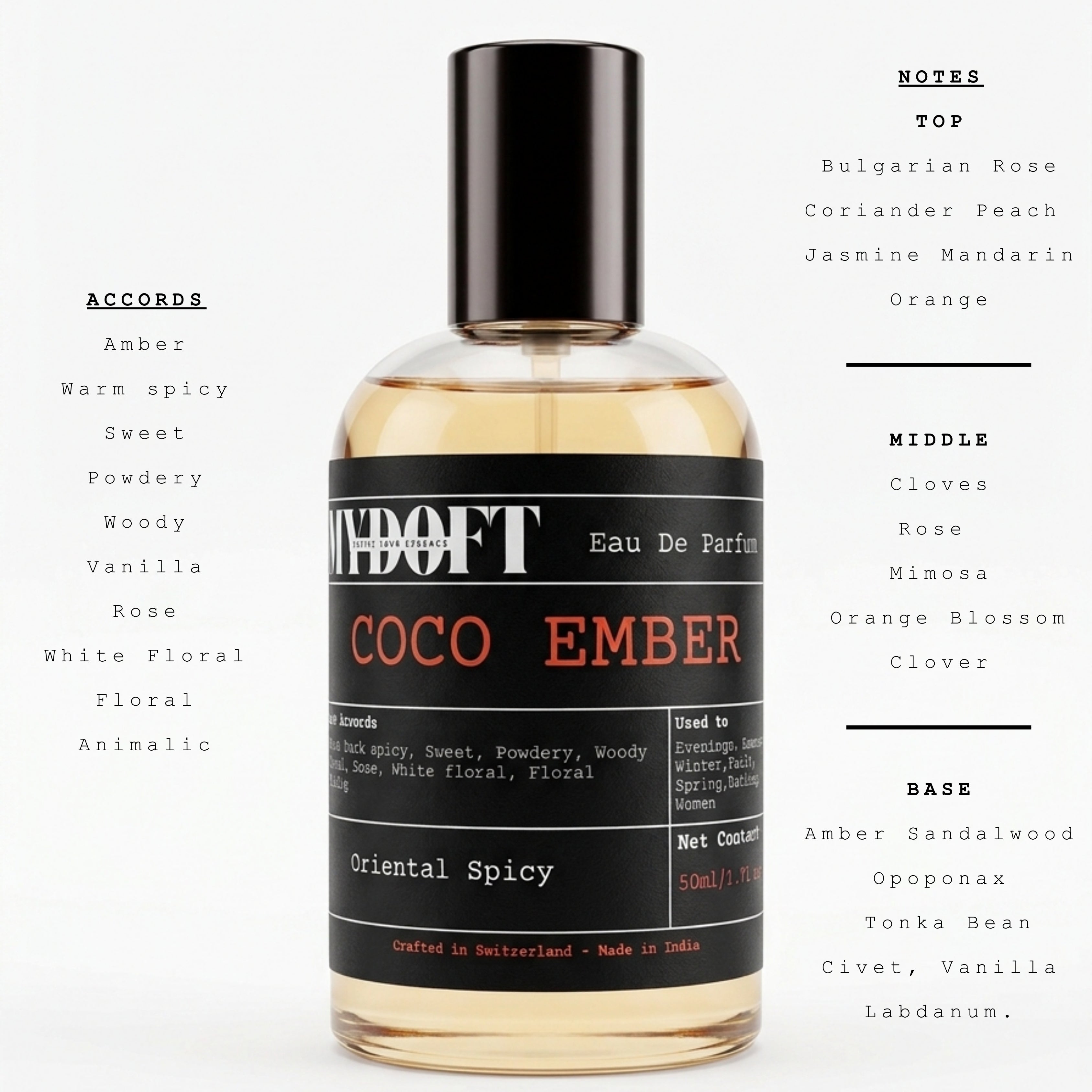 MYDOFT Coco Ember | Eau De Parfum | Oriental Spicy Amber Vanilla Perfume with Rose & White Floral Notes | Women